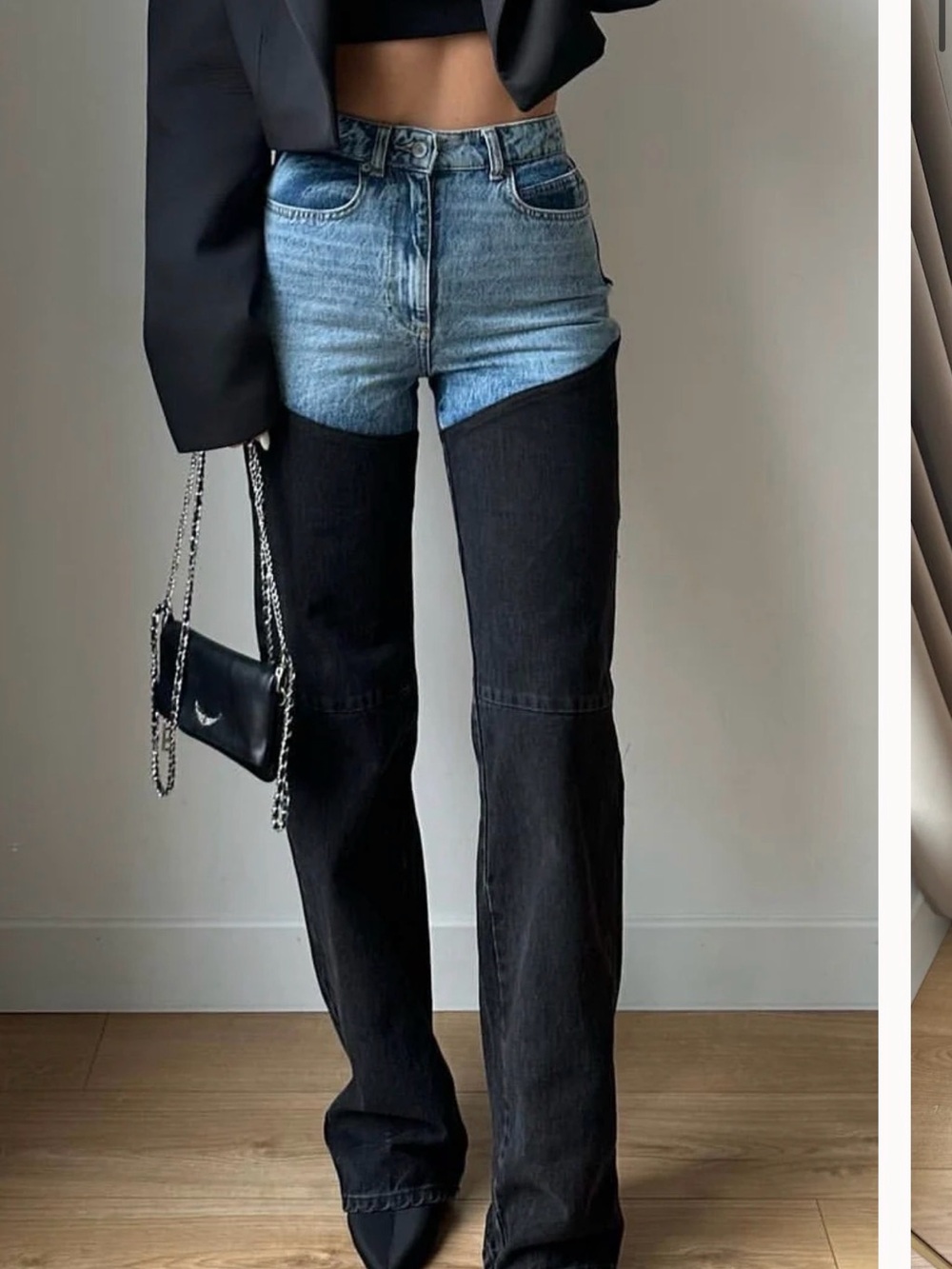 High-Rise Two-Tone Jeans in Light Blue and Black